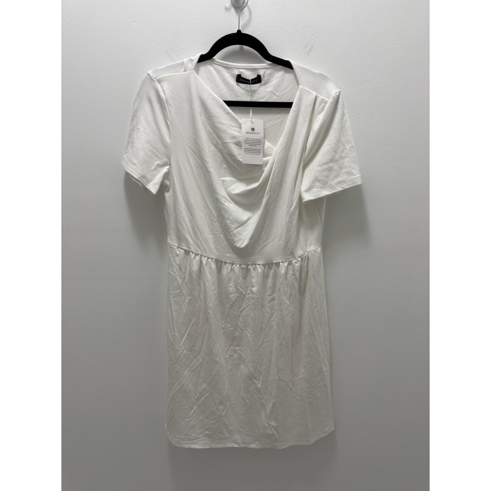 MEROKEETY White Cowl Neck Empire Waist Short Sleeve Dress XL